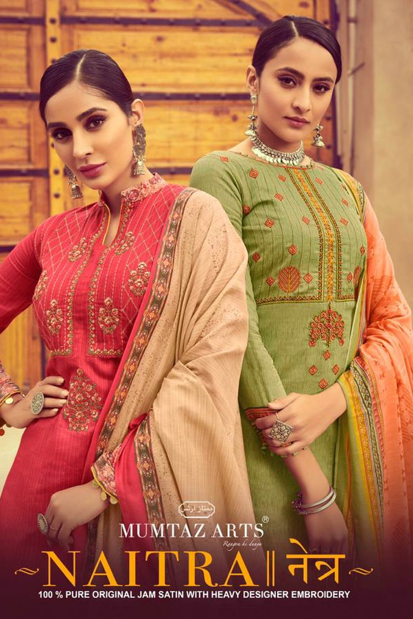 Mumtaz arts naitra moden and trendy look jam satin with kashmiri Embroided Salwar suits