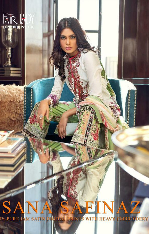 Fairlady Sana safinaz satin stunning look jam satin print Embroided Pakistani concept Salwar suits With cotton duppata