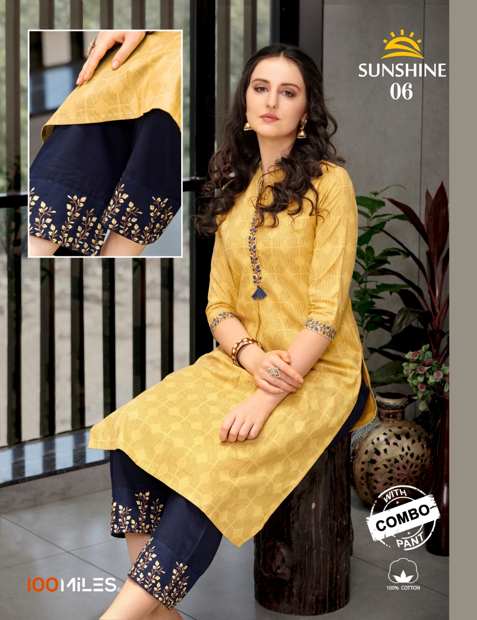 100 miles sunshine cotton exclusive emroidery  kurtis with contrast combo pants catalog