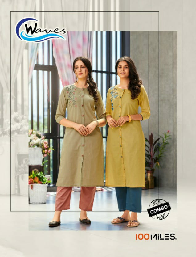 100 Miles waves cotton embroidered kurti with bottom catalog