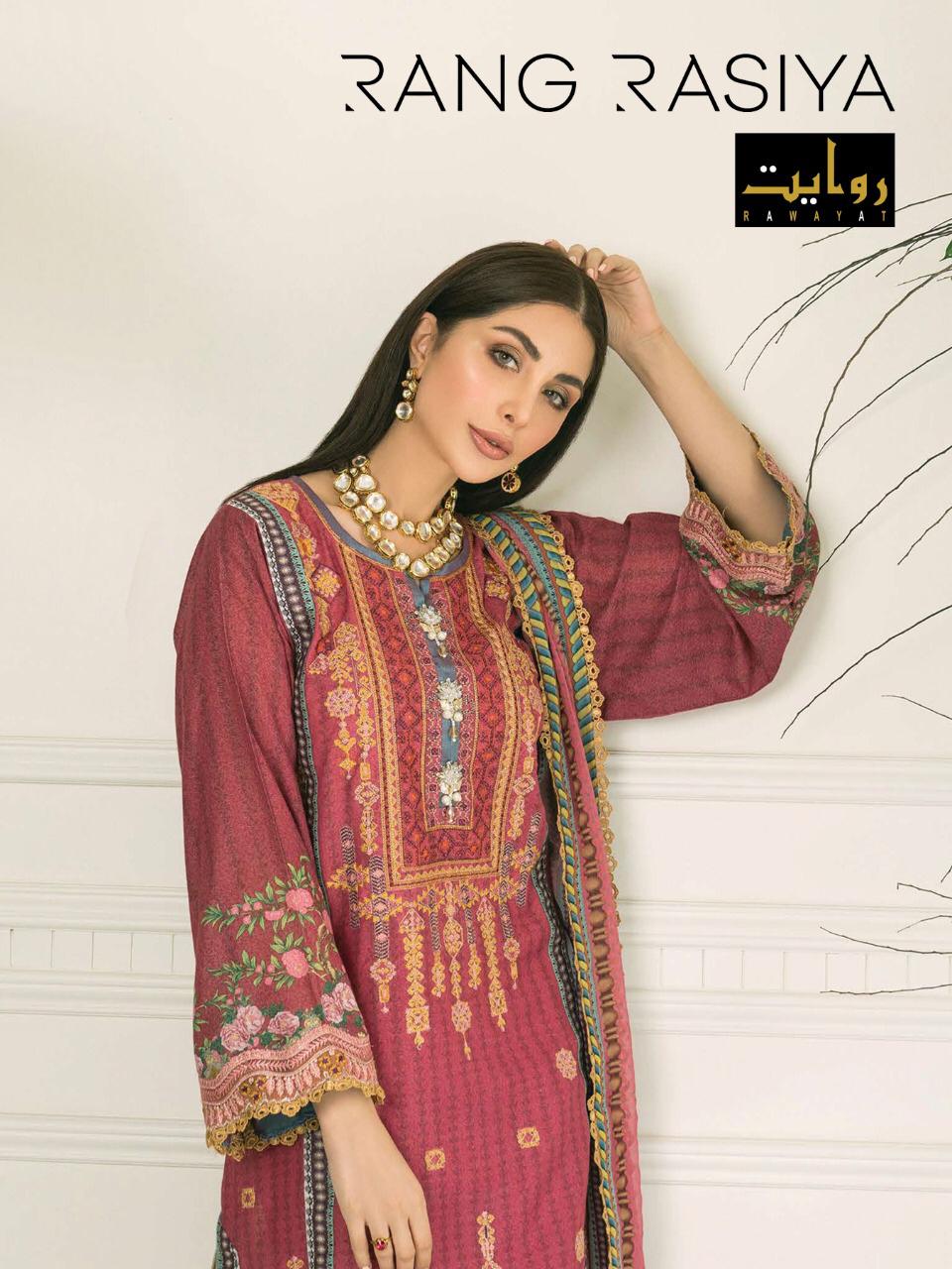 rawayat rangrasiya chiffon dupatta print with embroiderd satwar suit catalog