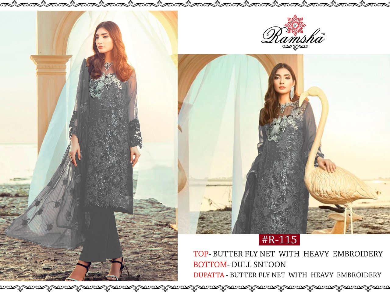 Ramsha R-115 Grey Salwar Kameez Net Singles