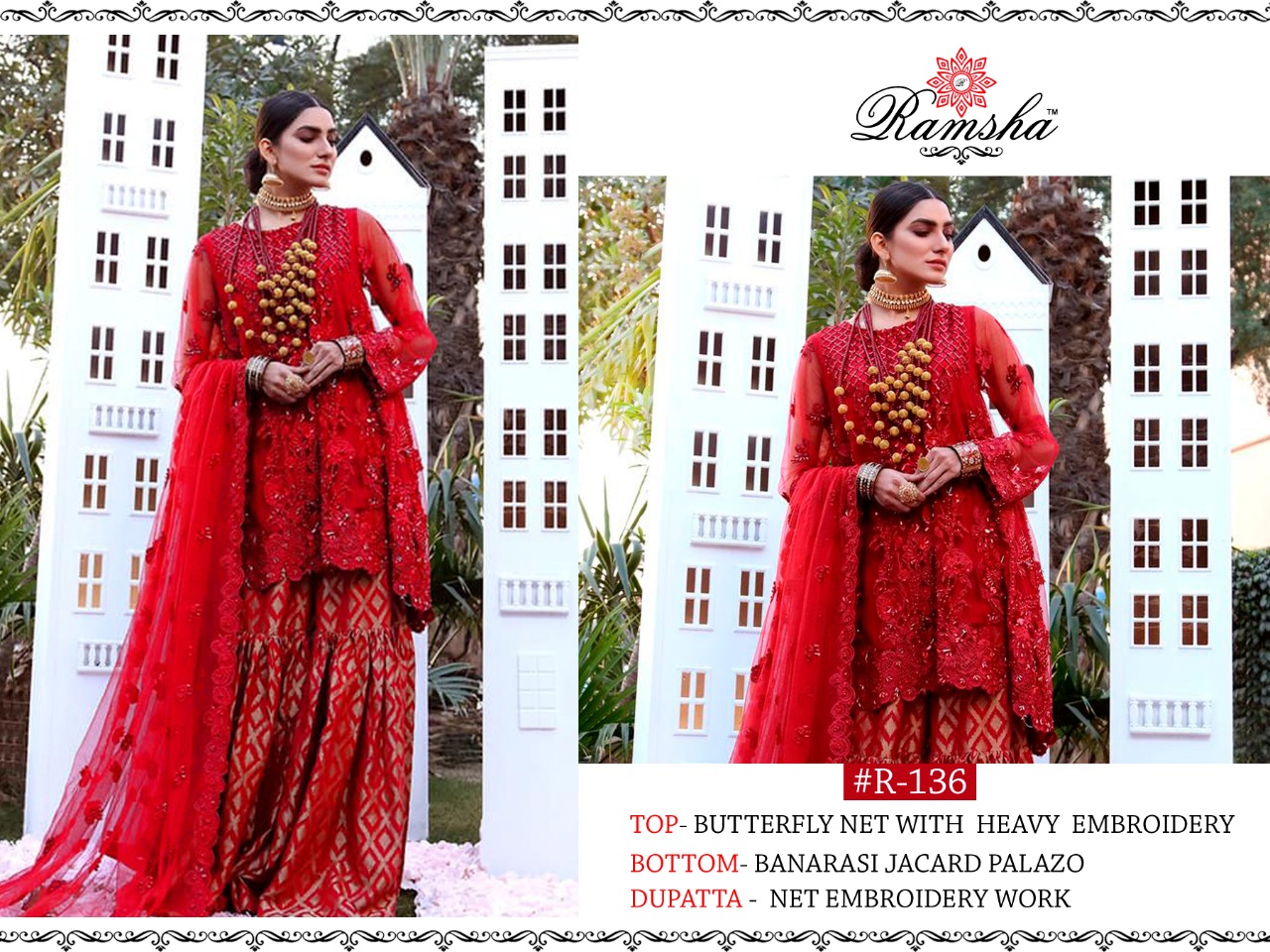 Ramsha R-136 Red Salwar Kameez Net Singles