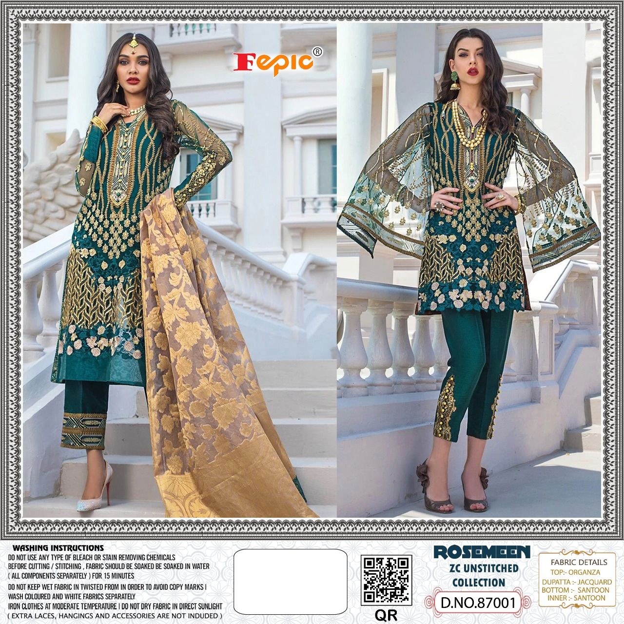 fepic rosemeen unstitched series d no 87001 organza elegant salwar suit