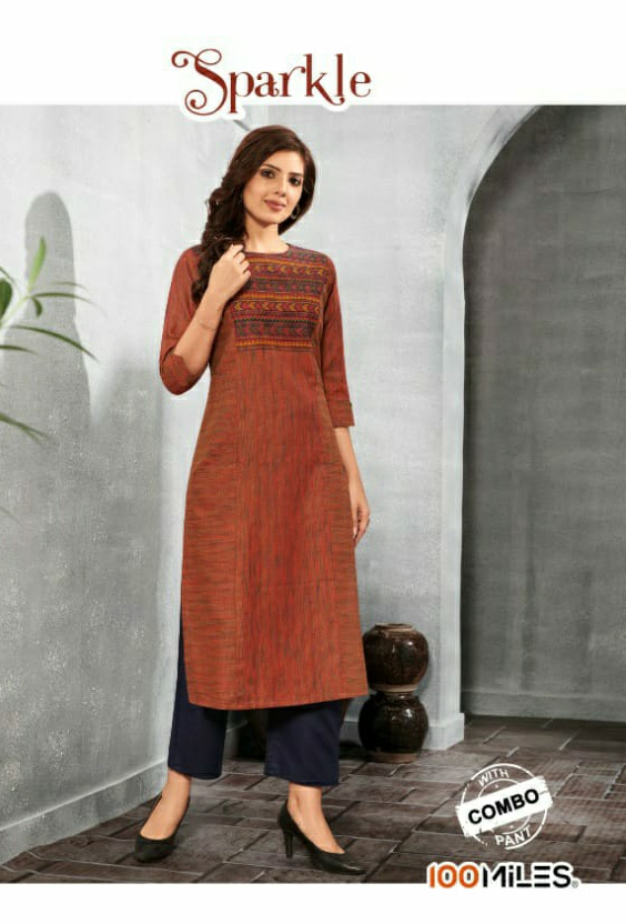 100 miles sparkle cotton decent embroidary kurti with bottom catalog