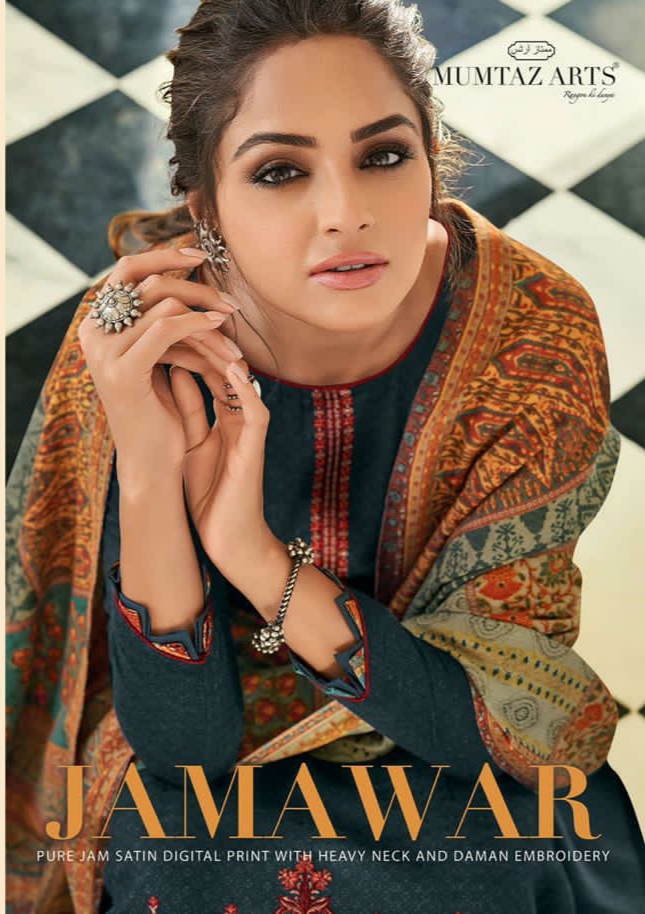 mumtaz arts jamawar satin exclusive print with decent embroidary look karachi salwar suit catalog