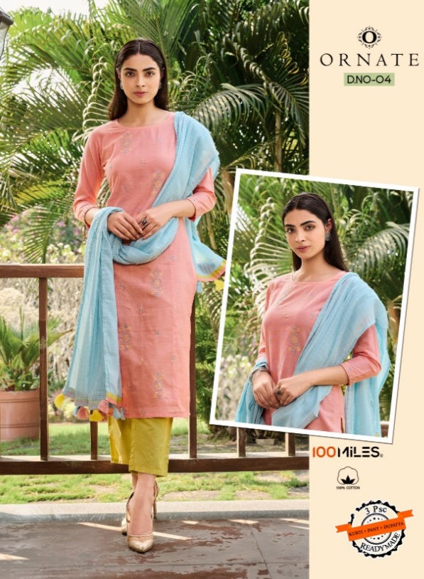 100 milles ornate cotton innovative style  kurtis with pants and dupatta catalog