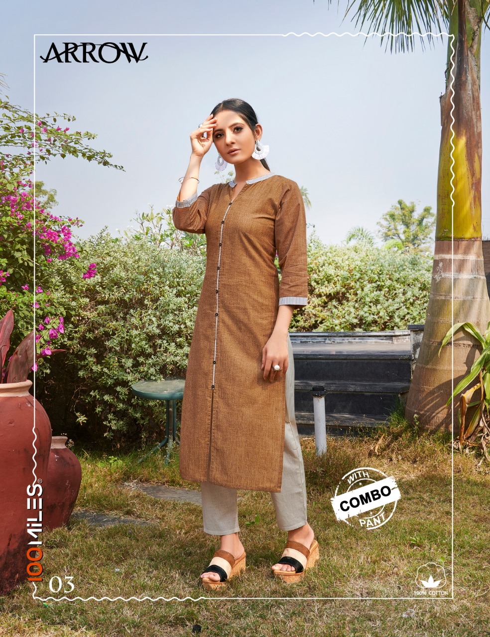 100 miles arrow affordable price Pure cotton patterned kurtis with combo pants catalog