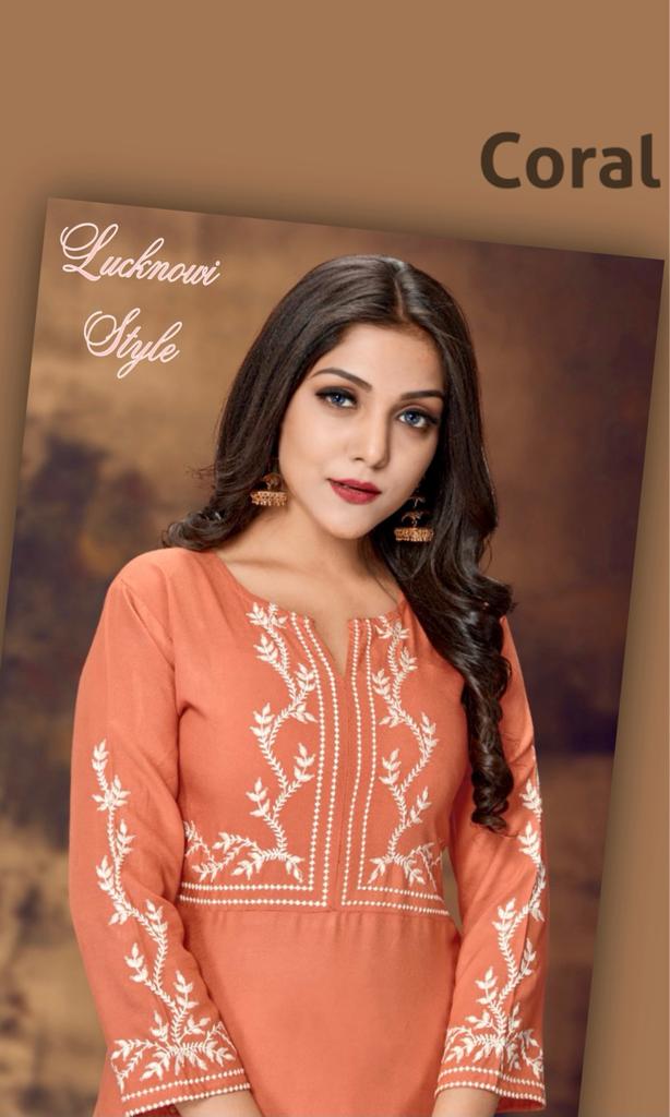 channel 9 coral rayon decent  Lucknowi style Embroidered kurti  catalog