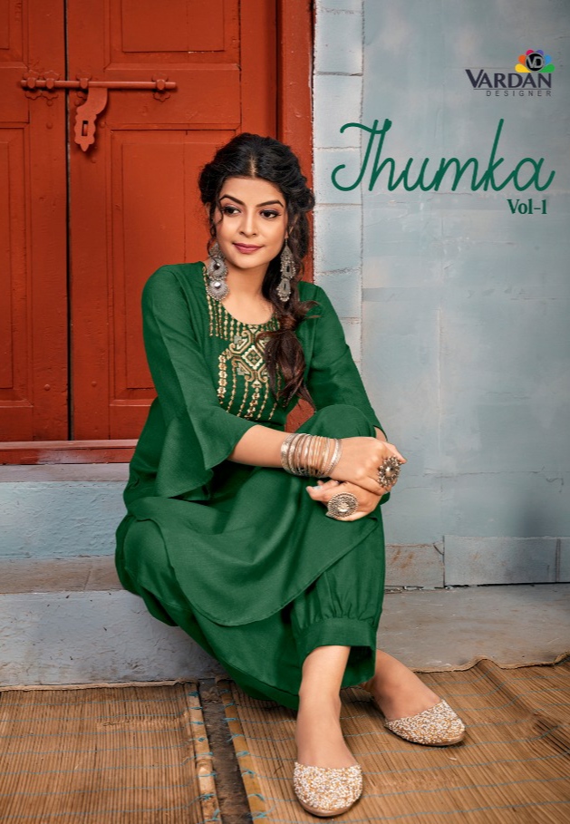 vardan designer Jhumka Vol 1 rayon decent embroidary look kurti with pant catalog