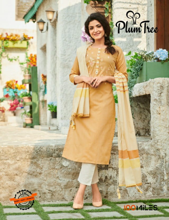 100 miles plumtree cotton gorgeous look kurti with pant and dupatta catalog