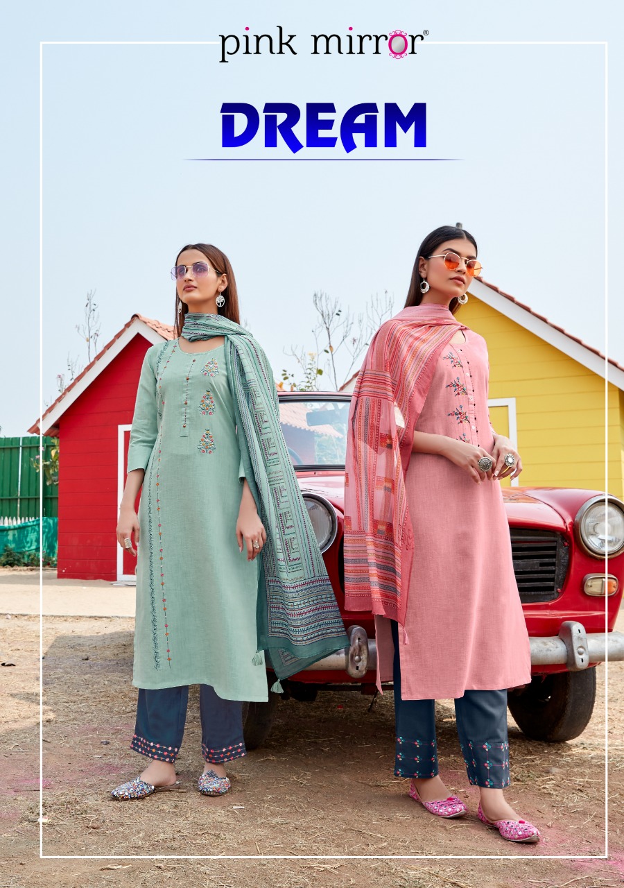 pink mirror dream viscose innovative style kurti with pant and dupatta catalog