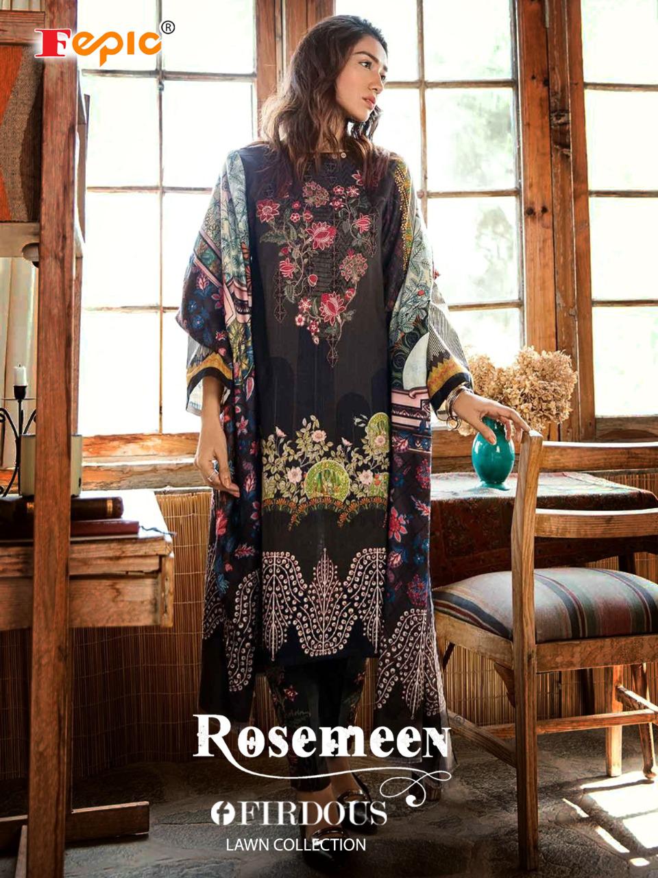 Fepic rosemeen firdous lawn collection cambric regal look  salwar suit with chiffon dupatta catalog