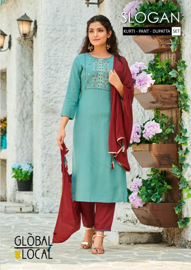 global local slogan rayon elegant kurti with pant and dupatta catalog