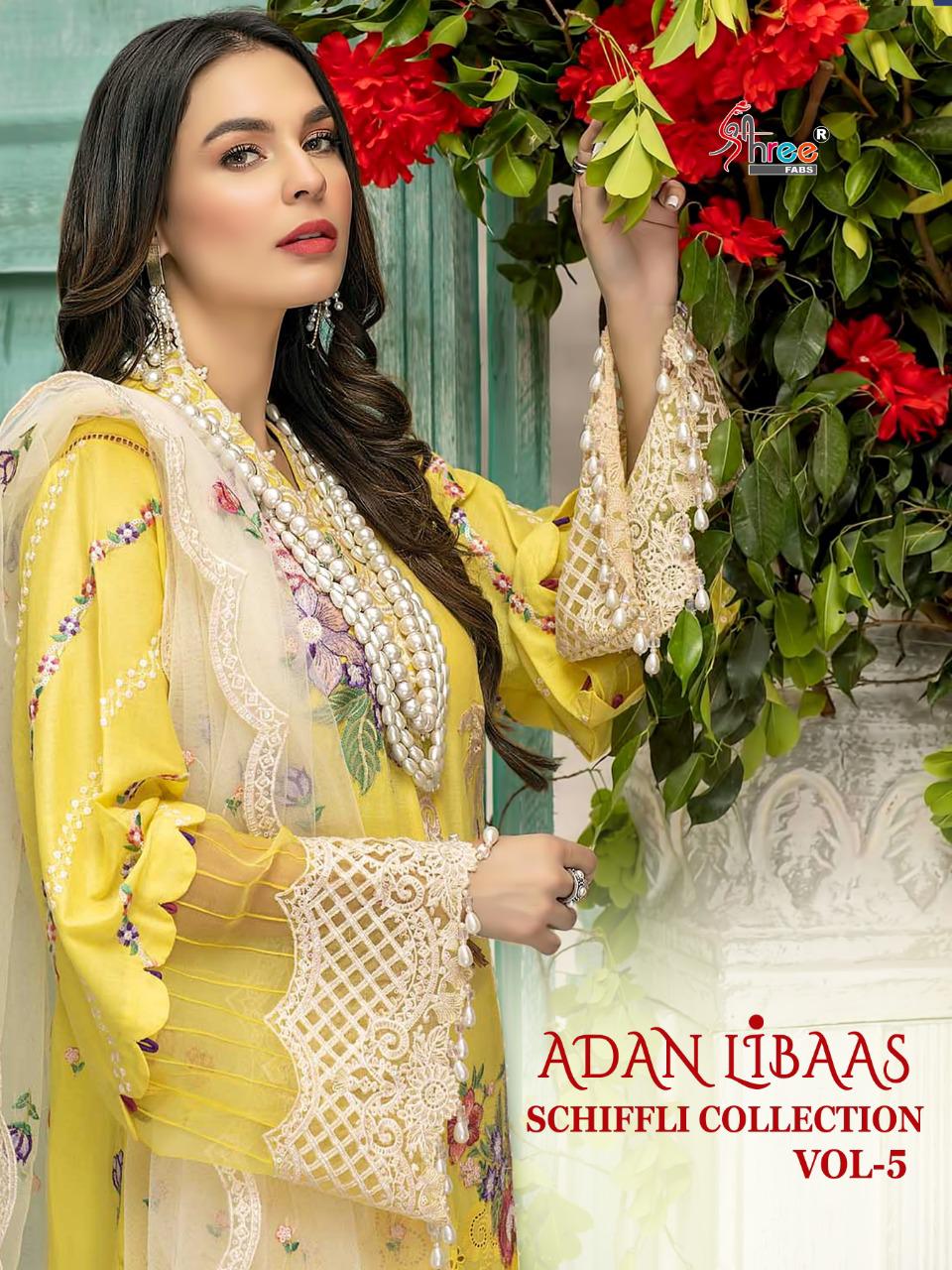 shree fab adan libaas schiffli collection vol 5 pure lawn cotton authentic fabrics salwar suit catalog