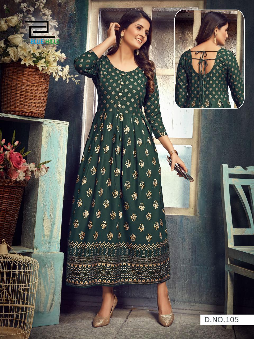 blue hills show off rayon astonishing long kurti catalog