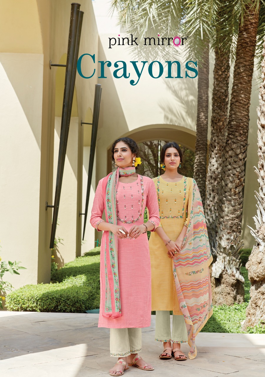 pink mirror crayons viscose astonishing top with pant and dupatta catalog