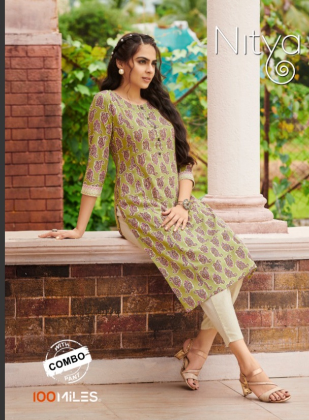 100 miiles nitya cotton decent print and colour kurti with pant catalog