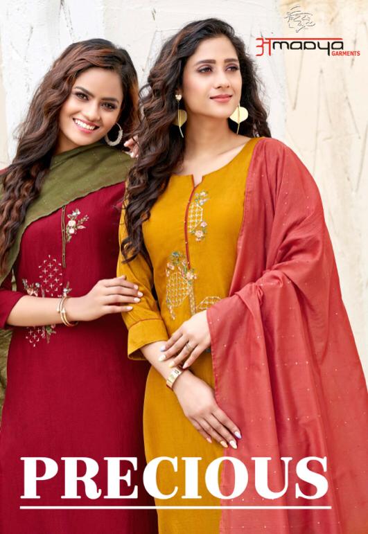 amaaya garments precious chinnon silk decent embroidary and colours kurti with bottom and dupatta catalog