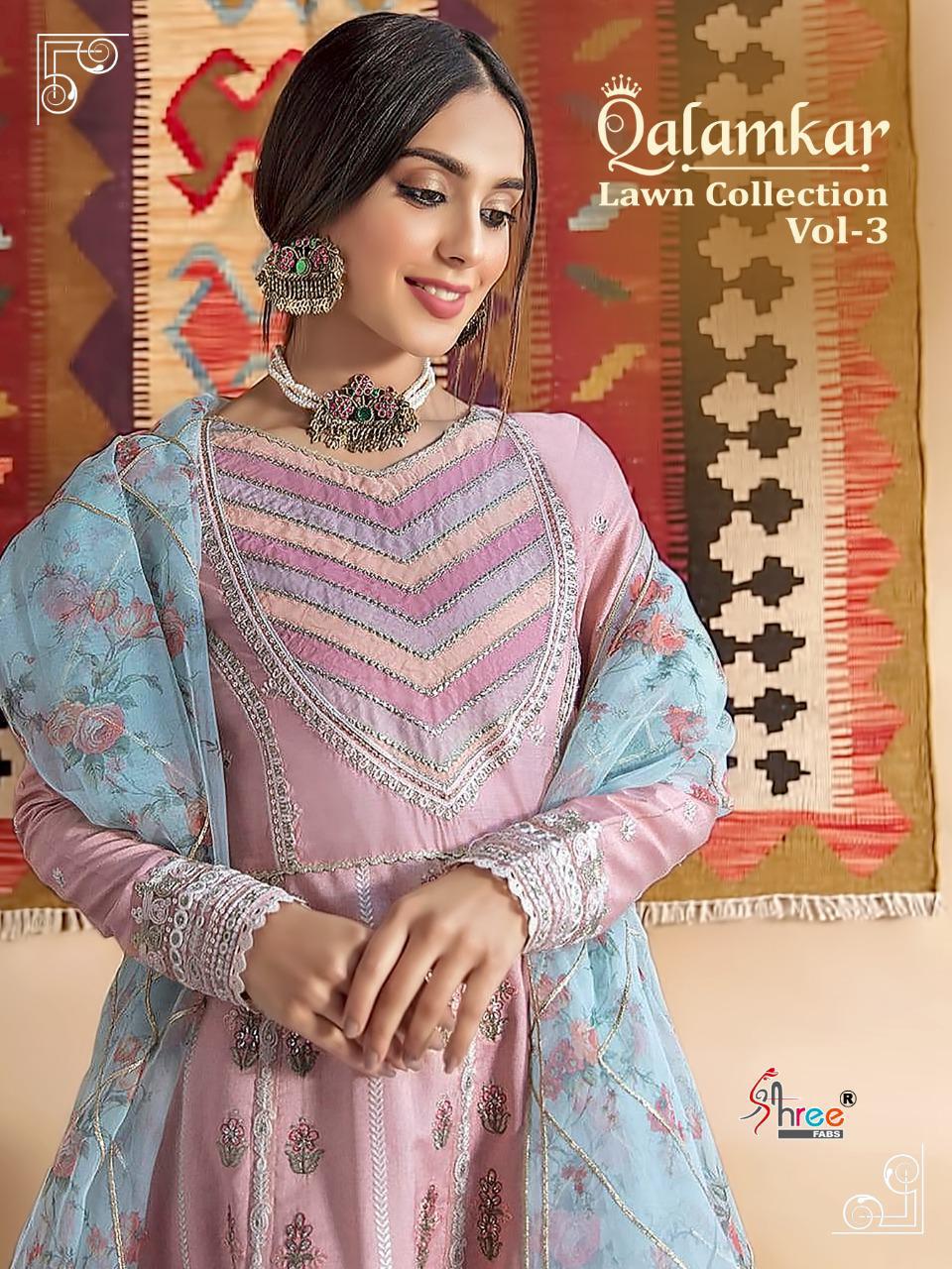 shree fab qalamkar lawn collection vol 3  lawn decent embroidary look salwar suit catalog