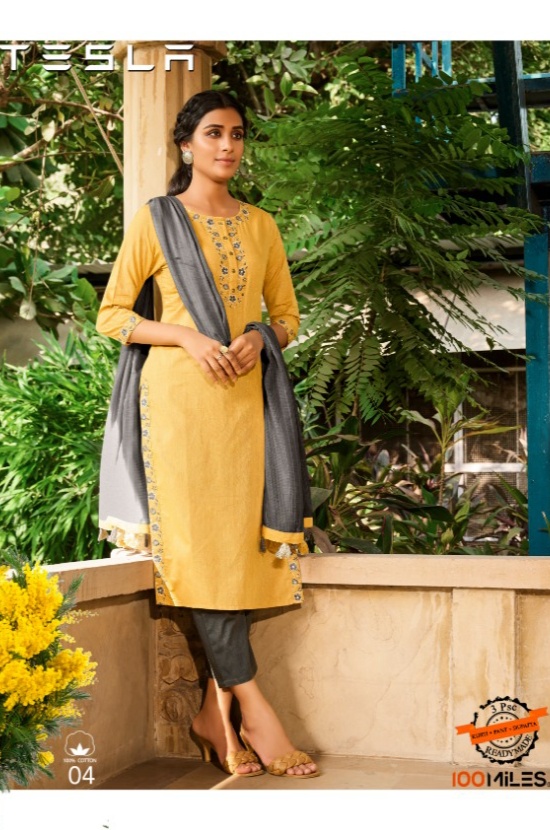 100 miiles tesla cotton elegant look kurti pant with dupatta catalog