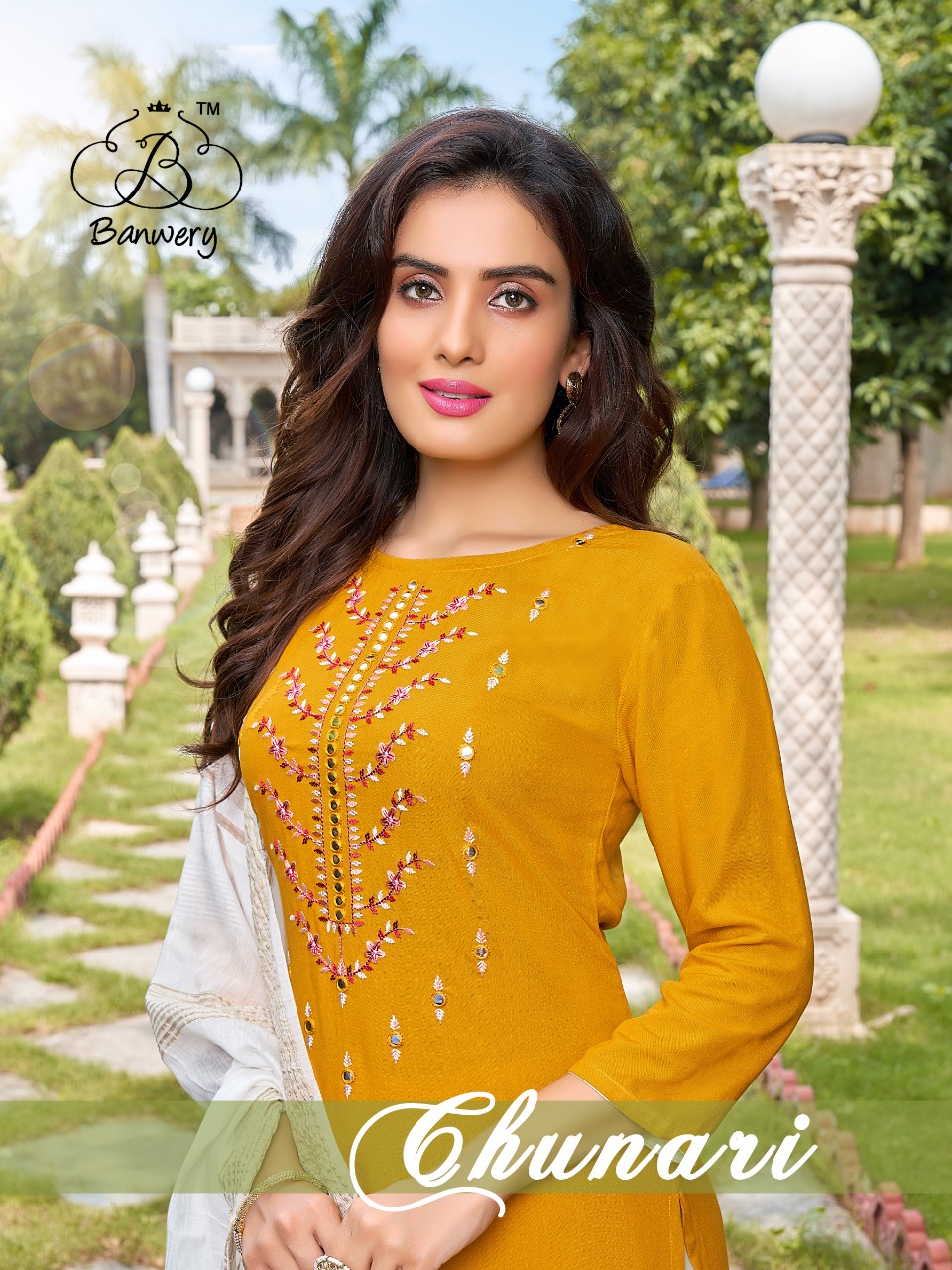 banwery chunari rayon decent embroidary look top with pent and dupatta catalog