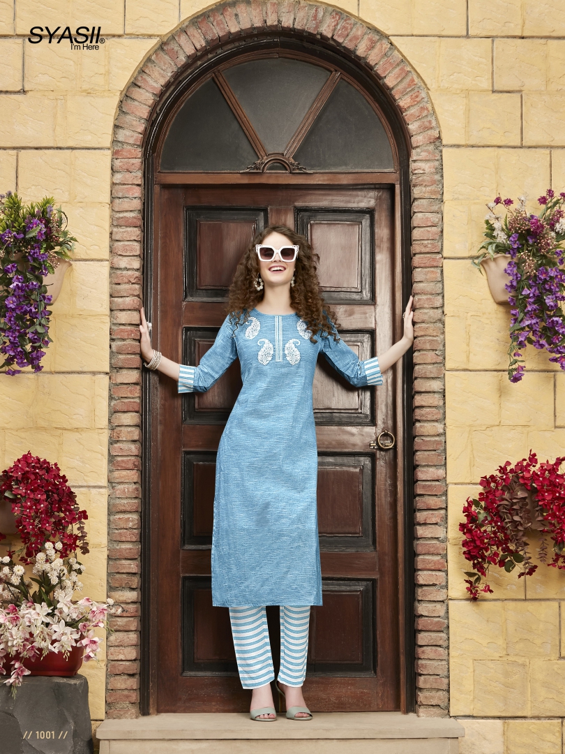 syasii magical thread pure khadi cotton decent embroidary look kurti with bottom catalog