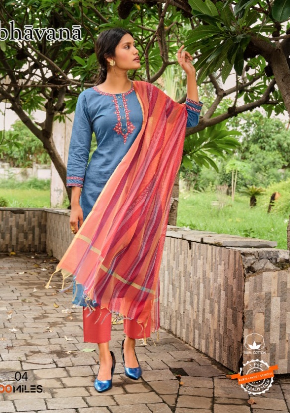 100 miles bhavana cotton authentic fabrick top with pant and dupatta catalog