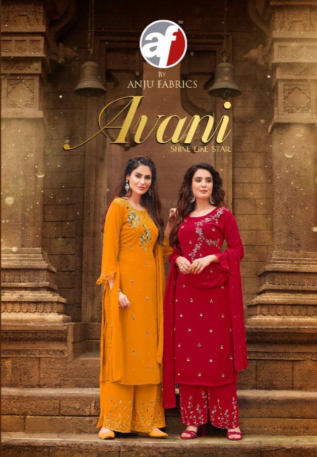 anju fabrics avni jorjat new and modern style top plazo and dupatta catalog