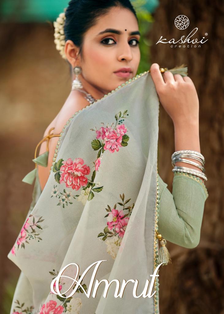 lt kashvi creation amrut organza silk elegant print saree catalog