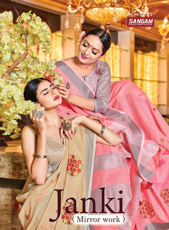 sangam print janki linen decent look saree catalog