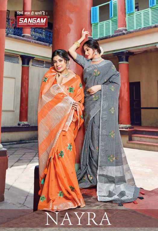 sangam print nayra linen catchy look saree catalog