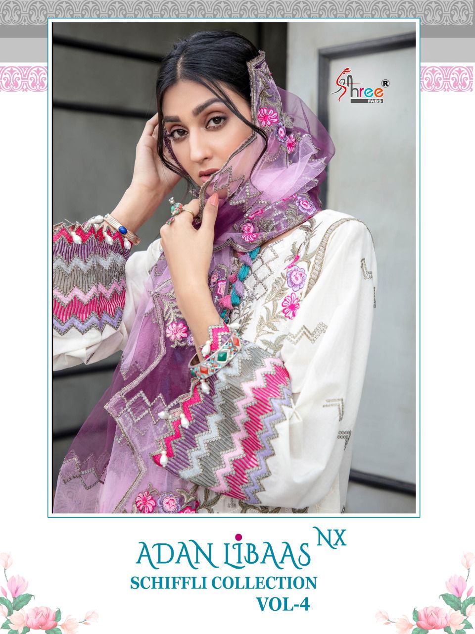 shree fab adan libaas schiffli collection vol 4 nx lawn cotton attrective print salwar suit singal