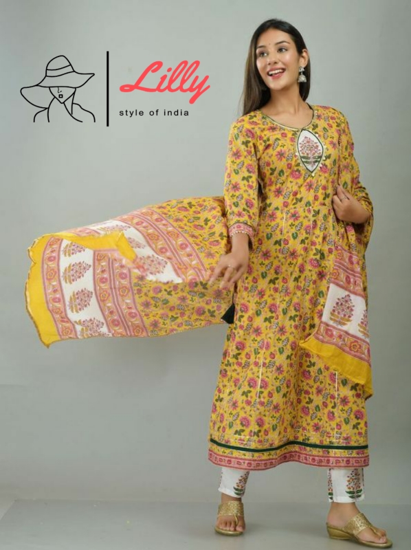 Lilly style of india haldi mehndi cotton decent print top with Bottom dupatta size set