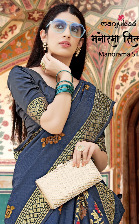 manjubaa manorama silk 7401 to 7406  Soft Banarasi Satin Silk regal look saree catalog