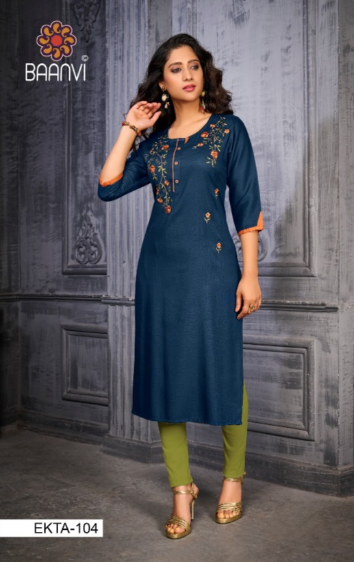 r studio Baanvi ekta vol 1namo slub decent colours and embroidary look kurti catalog