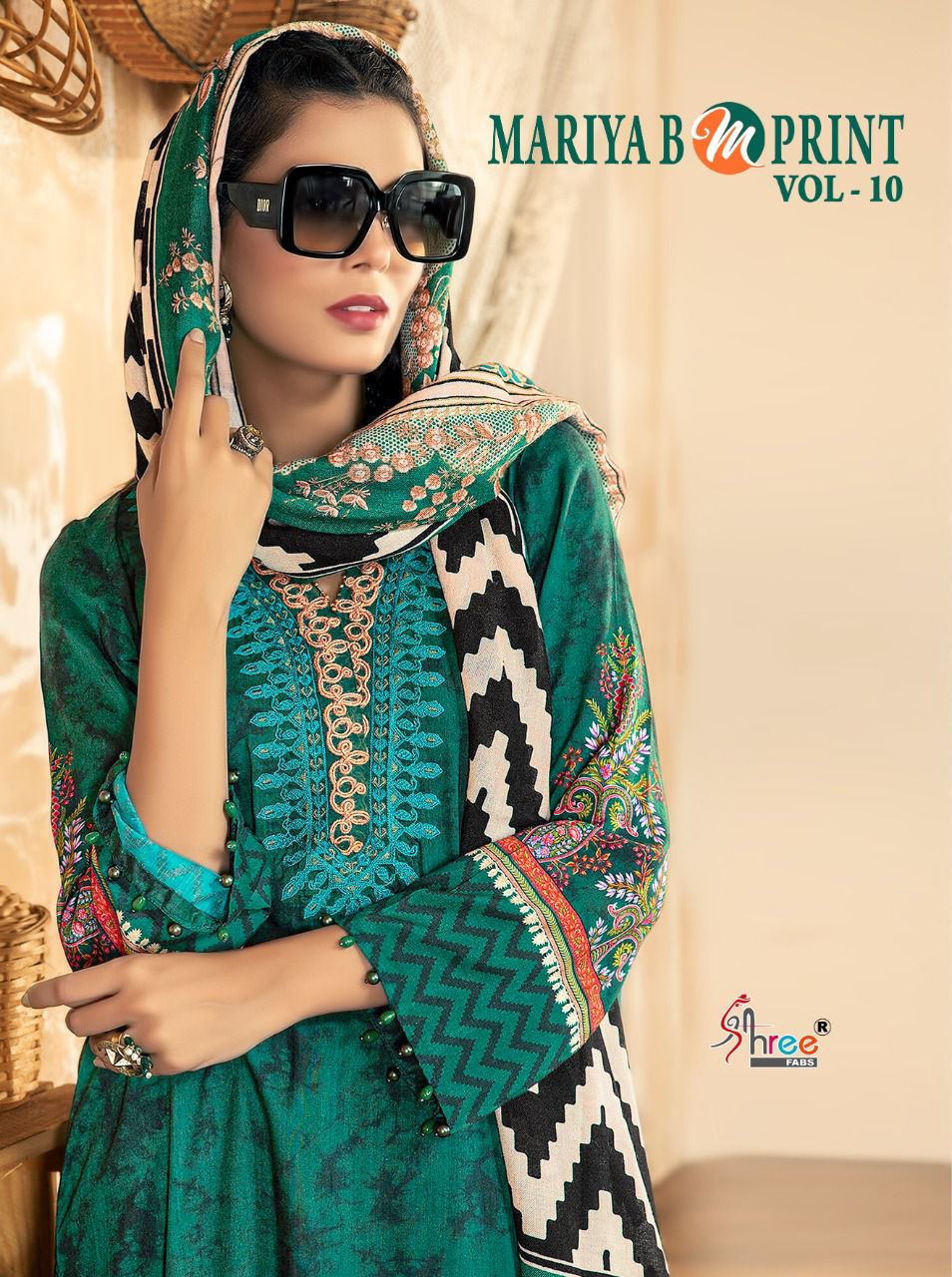 shree fab mariya b m print vol 10 jam cotton regal look salwar suit chiffon dupatta catalog