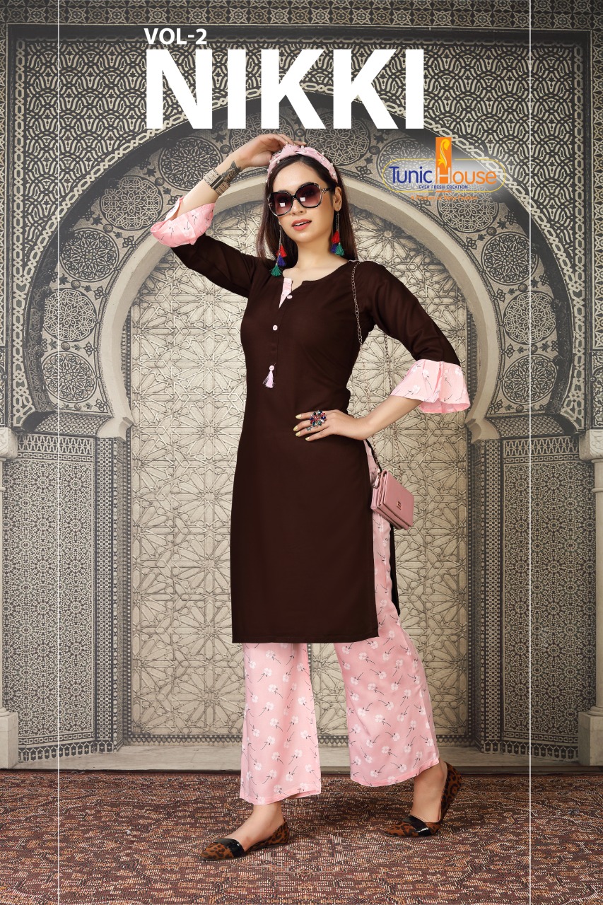 tunic house nikki vol 2  rayon classic trendy look kurti with palazzo catalog