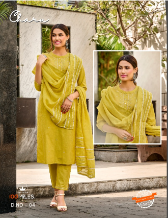 100 miles charu linen cotton catchy look kurti pant with dupatta catalog