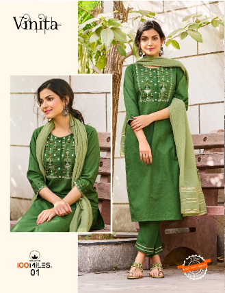 100 miles vinita cotton authentic fabric kurti pant with dupatta catalog