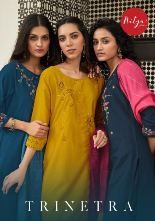 lt nitya trinetra chinon new and modern style top bottom with dupatta catalog