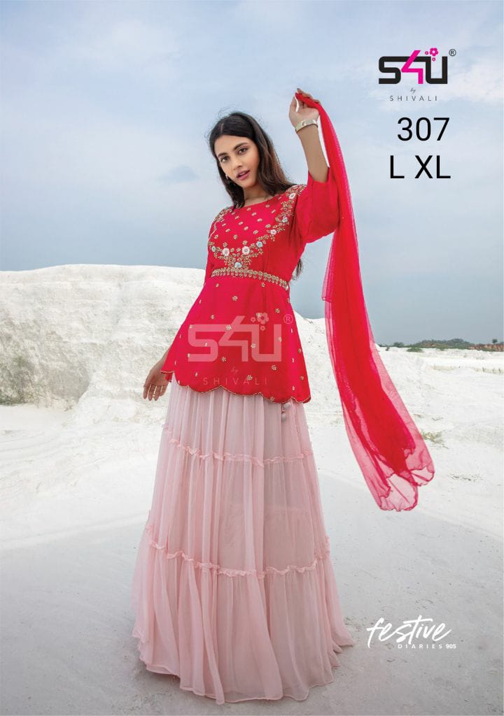 s4u s4u 307 fancy regal look indo western top with sarar and dupatta size set