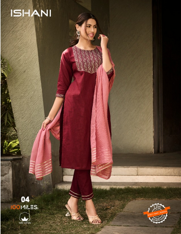 100 miles ishani cotton catchy look kurti pant with dupatta catalog