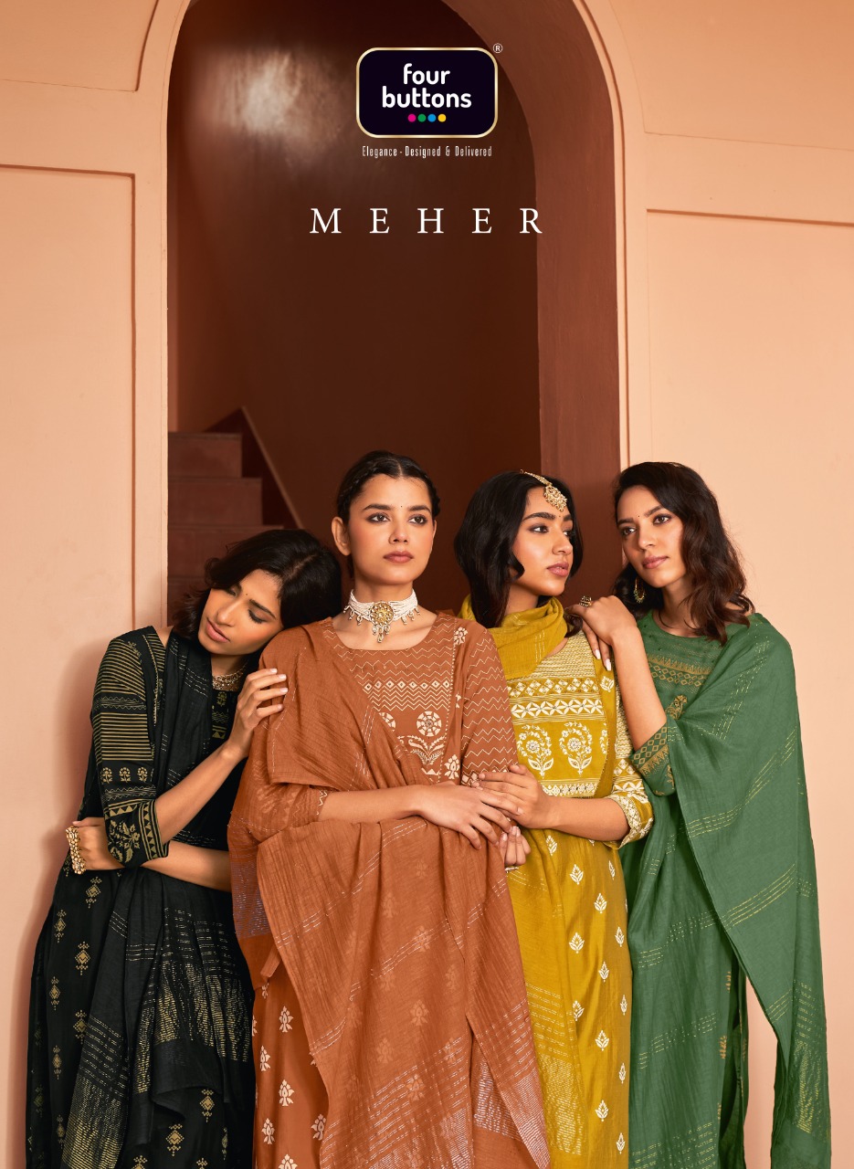 four buttons meher viscose silk decent look and colou top bottom with dupatta catalog