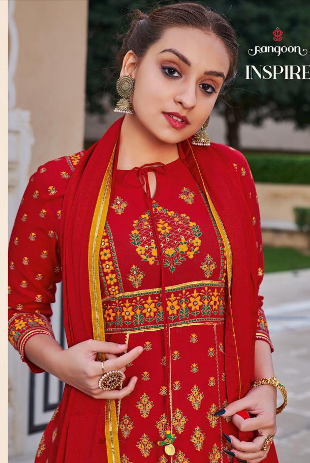 rangoon inspire rayon classic trendy look top bottom with dupatta catalog