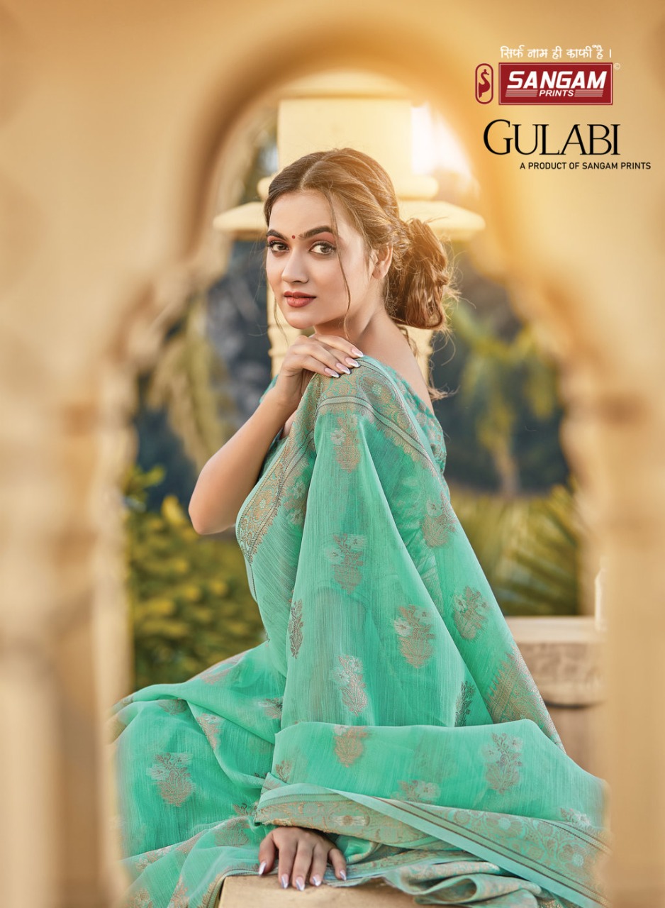 sangam print gulabi linen grace ful look saree catalog