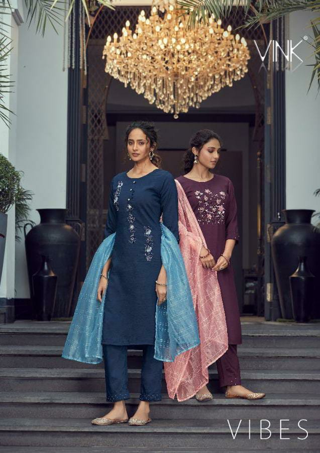 vink vibes viscose silk regal look kurti pant with dupatta catalog