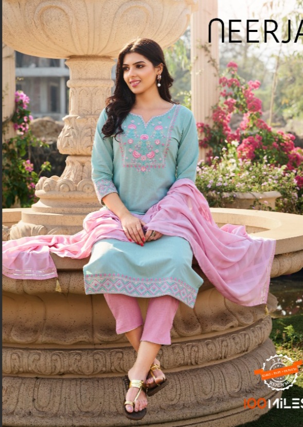 100 miles neerja cotton decent look top pant with dupatta catalog