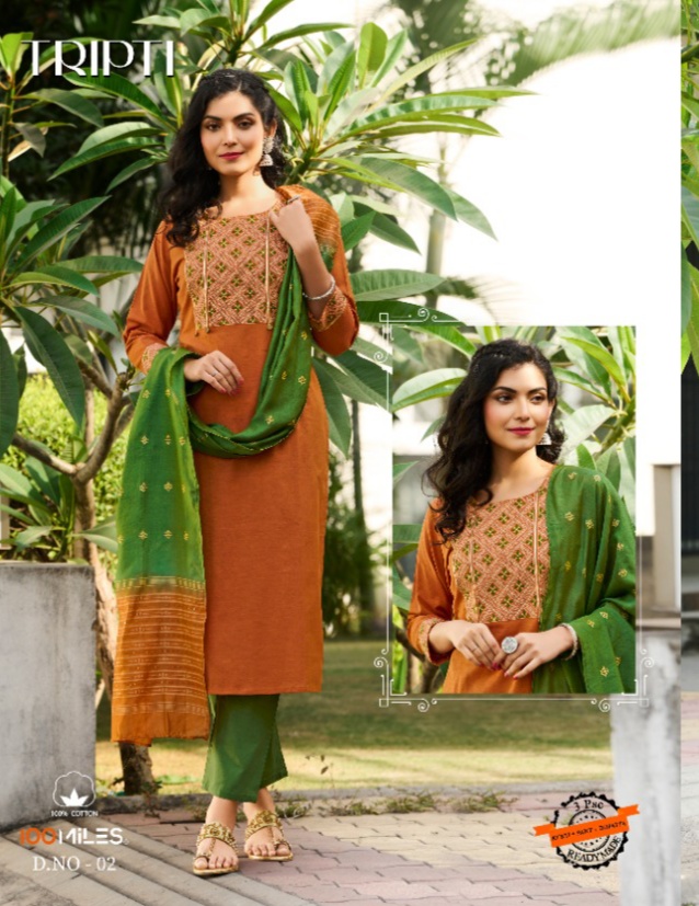 100 miles tripti cotton catchy look kurti with pant and dupatta  catalog