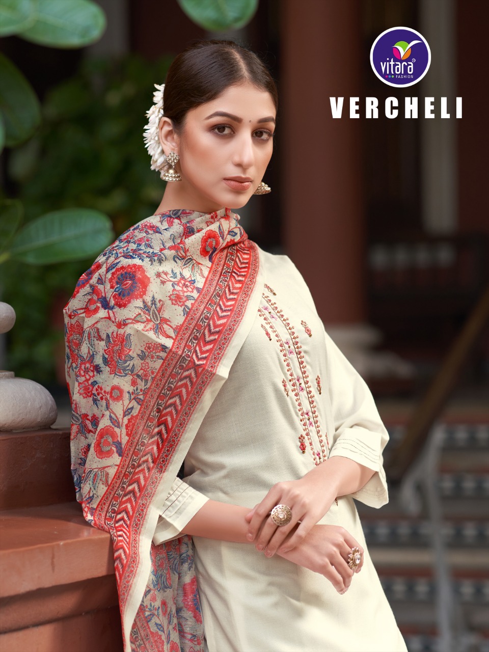 vitara fashion vercheli slub decent embroidery look top with pant and dupatta catalog